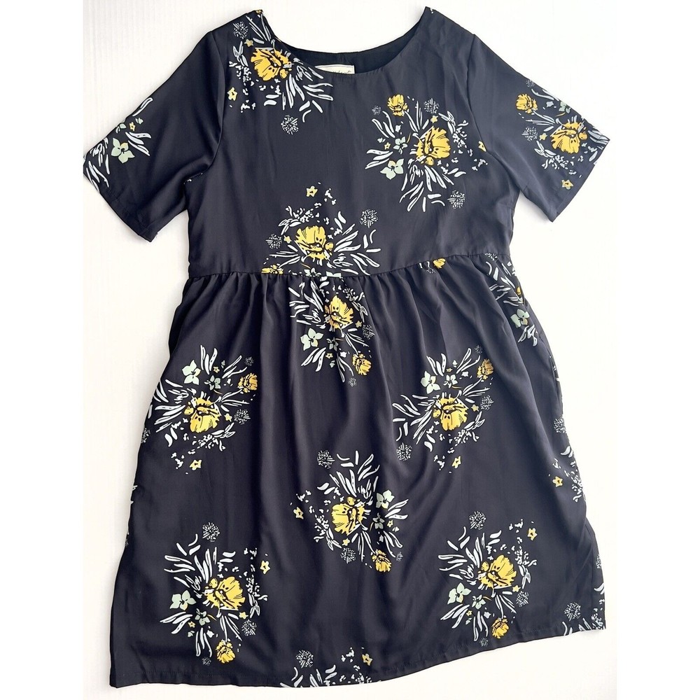 Piper and Scoot Dress Large Black Yellow Floral Modest Midi Spring